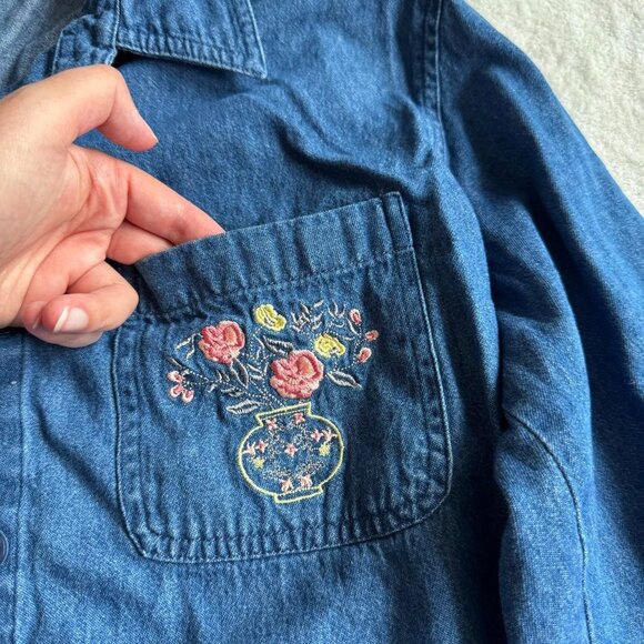 Denim Button Down Top with Floral Embroidery - Picture 3 of 5